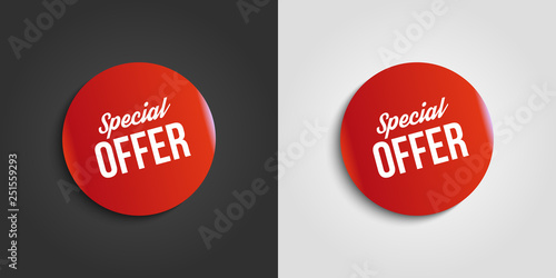 Red special offer banner with shadow on white and dark background. Can be used with any background. Vector illustration.