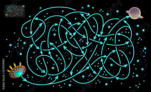 Logic puzzle game with labyrinth for children and adults. Help the flying saucer find the way till the planet. Printable page for brainteaser book. Vector cartoon image.