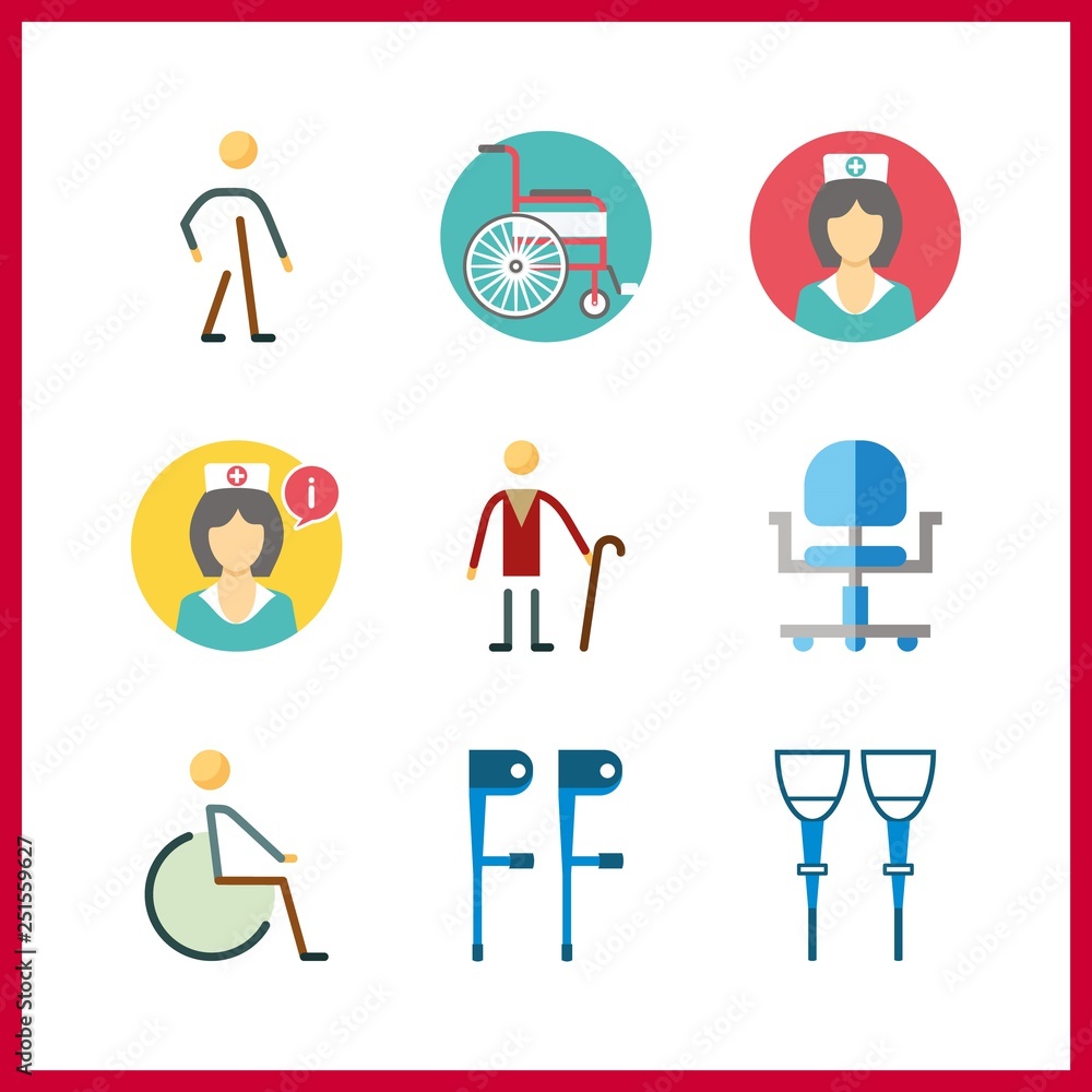 9 disabled icon. Vector illustration disabled set. wheel chair and elder icons for disabled works