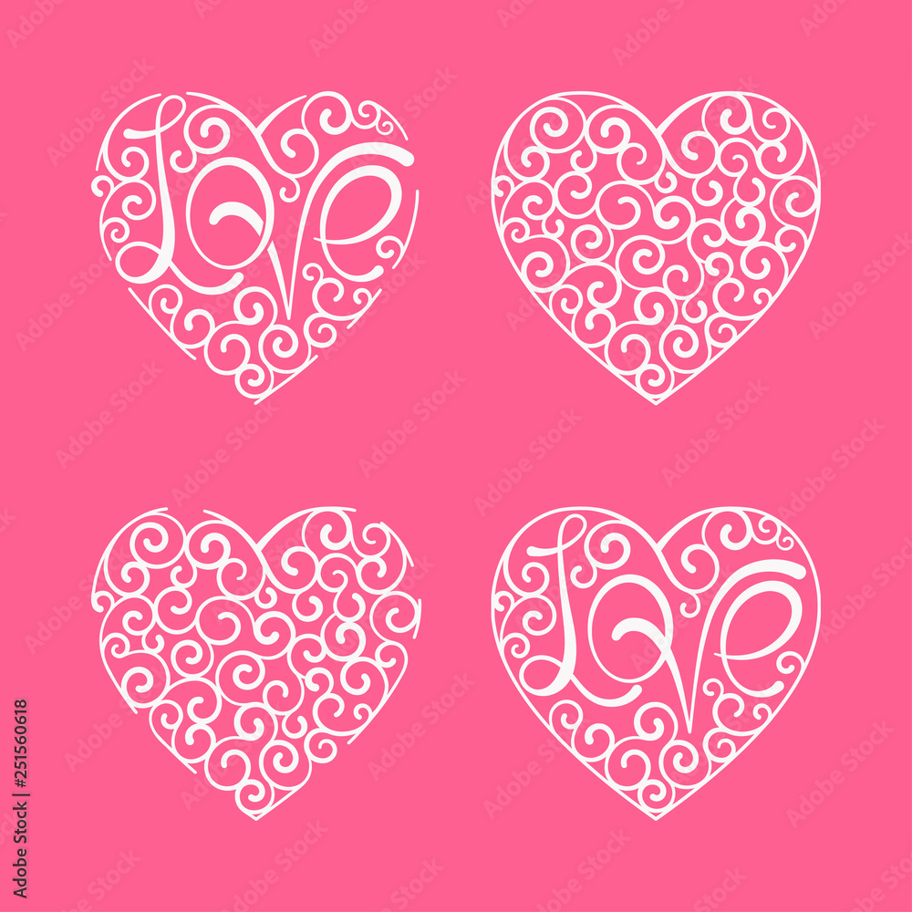 Heart set, curl, love lettering, design element. Vector illustration.