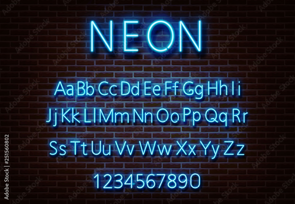 Neon letter alphabet sign vector. Blue font light sign isolated on brick wall. Neon light text templ Neon letter alphabet sign vector. Blue font light sign isolated on brick wall. Neon light text templ