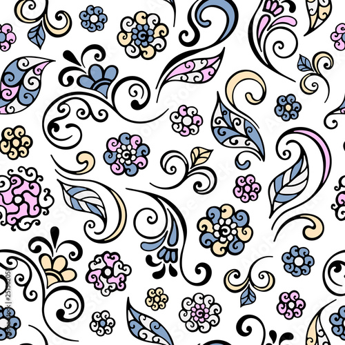 Fototapeta Naklejka Na Ścianę i Meble -  Floral ornament seamless pattern, curls, decorative leaves, lace. Hand drawn vector illustration.
