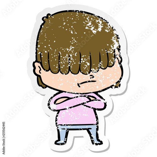 distressed sticker of a cartoon boy with untidy hair