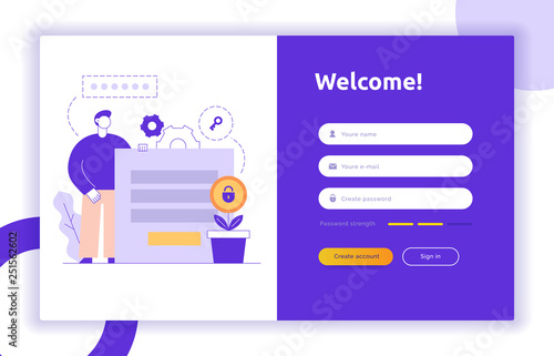 Login UI UX design concept and illustration with big modern people, privacy icons, inputs, forms. Vector website user interface sign in, sign up form template. Online web register.