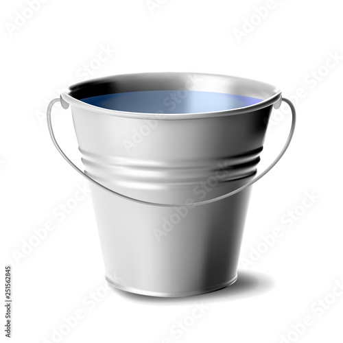 Metal Bucket Full Of Water Vector. Classic Jar. Cleaning Equipment For Water. Package. Isolated Realistic Illustration