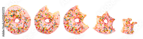 Five stages of donut biting on white background