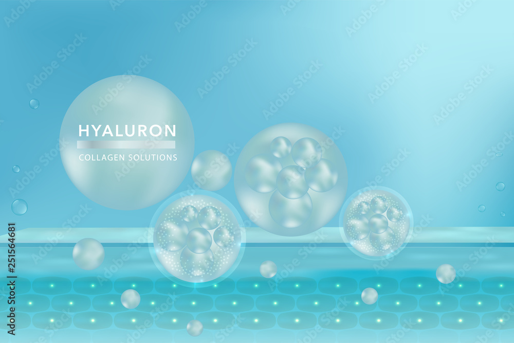 Hyaluronic acid skin solutions ad, blue collagen serum drop with cosmetic advertising background ready to use, vector illustration.