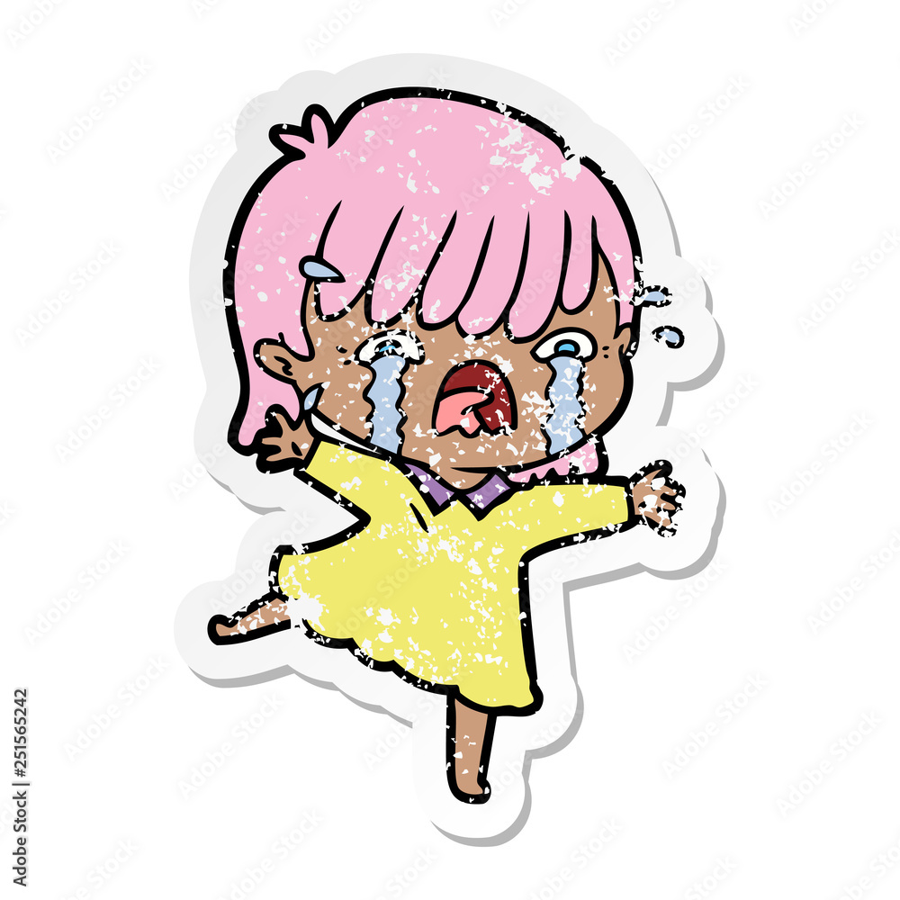 Obraz premium distressed sticker of a cartoon girl crying