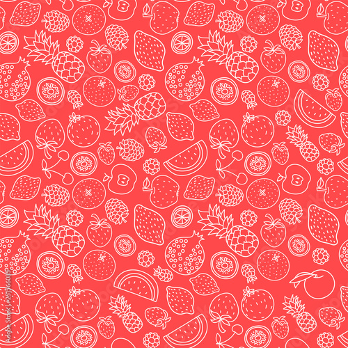 Fruits seamless pattern. Hand drawn fresh berry. Vector sketch background. Color doodle wallpaper. Exotic tropical print. Lemon, strawberry, raspberry, apple, pineapple, orange, cherry, kiwi