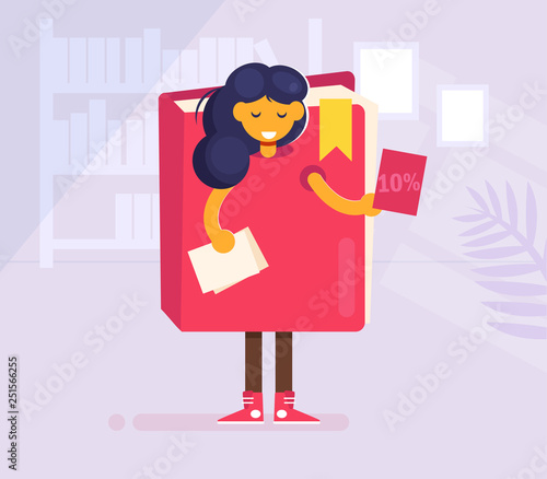 Promoter handing out flyers Girl in a book costume Vector. Cartoon. Isolated art