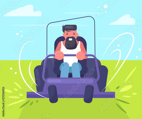 Man rides a lawn mower Vector. Cartoon. Isolated