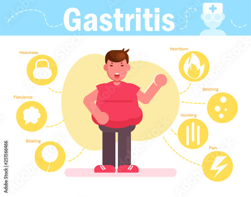 Overweight man with gastritis Symptoms of the disease Vector. Cartoon. Isolated