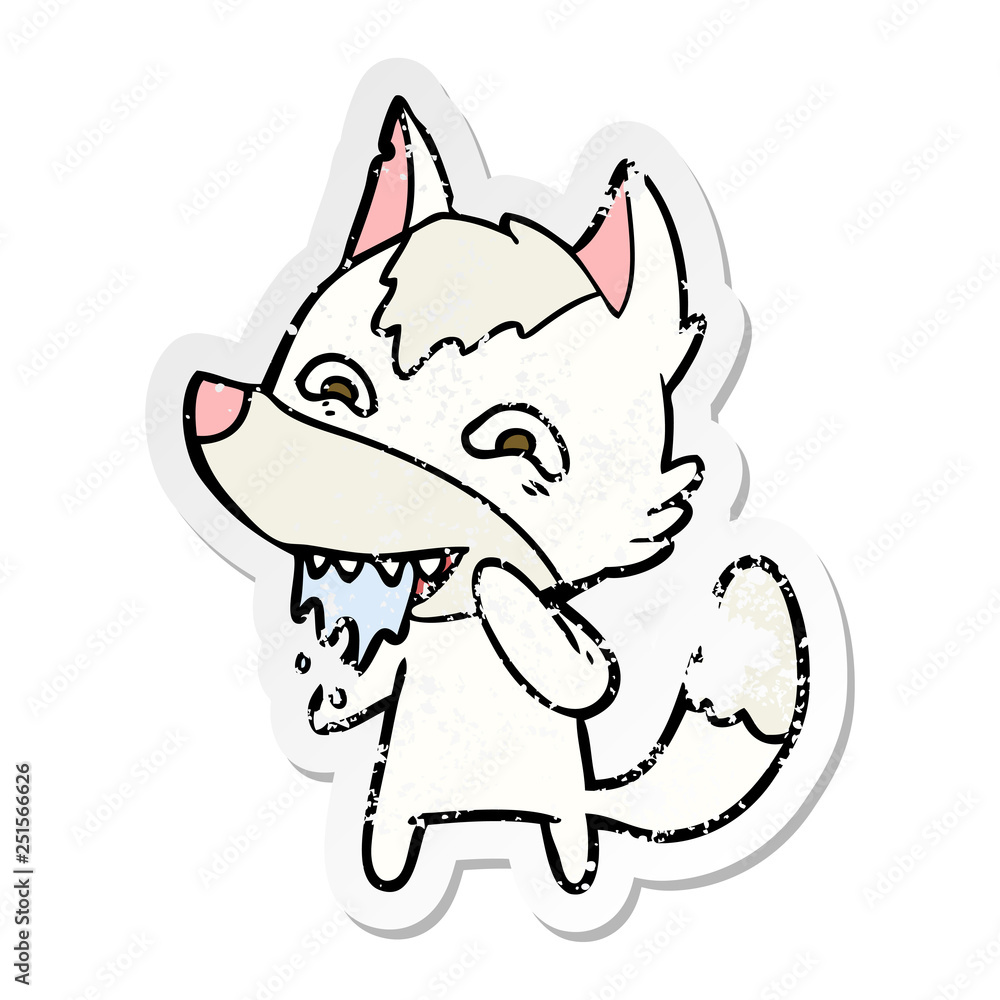 distressed sticker of a cartoon hungry wolf distressed sticker of a cartoon hungry wolf