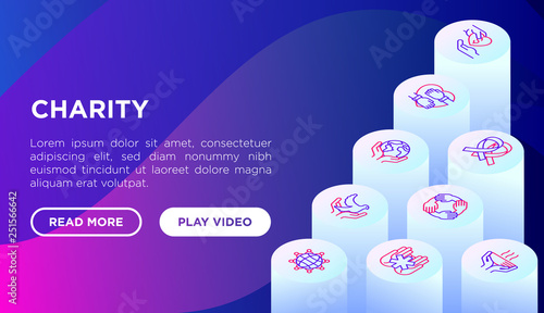 Charity web page template with thin line isometric icons: donation, save world, reunion, humanitarian aid, ribbon, medical support, charity to disabled people, life saving. Vector illustration.