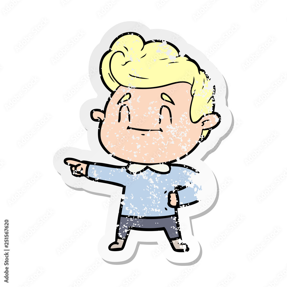 distressed sticker of a happy cartoon man pointing distressed sticker of a happy cartoon man pointing
