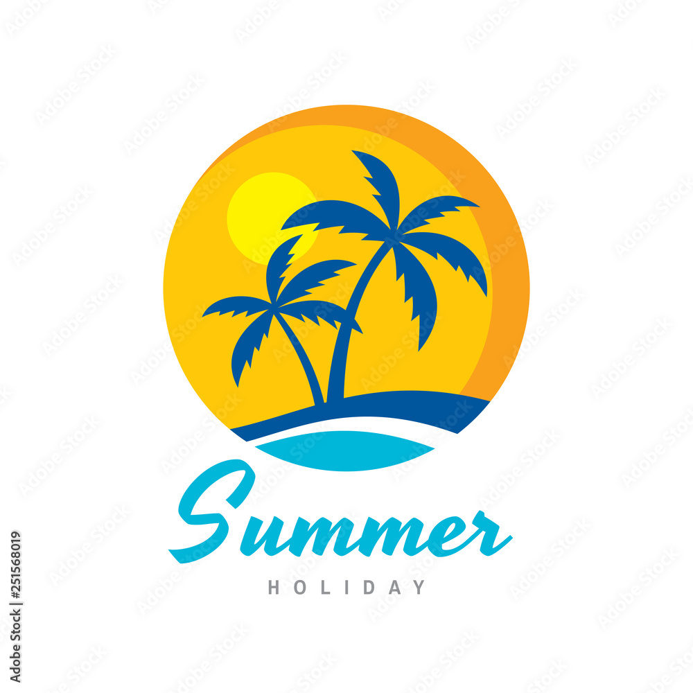 Summer holiday - concept business logo vector illustration in flat style. Tropical paradise creative badge. Palms, island, beach, sea wave. Travel webbanner or poster. Graphic design element. 