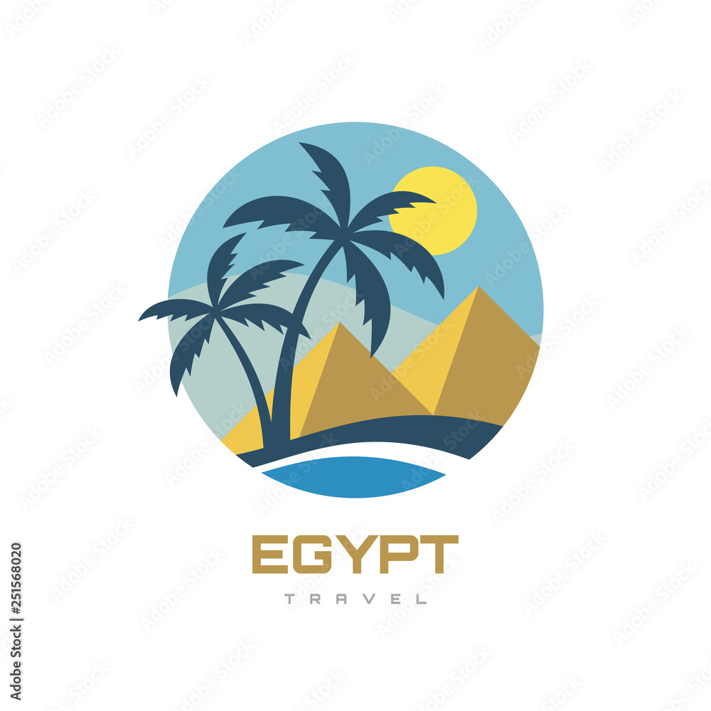 Egypt - landscape with pyramids. Summer holiday concept business logo vector illustration in flat style. Tropical paradise creative badge. Palms, island, beach, sea wave. Travel webbanner or poster. 