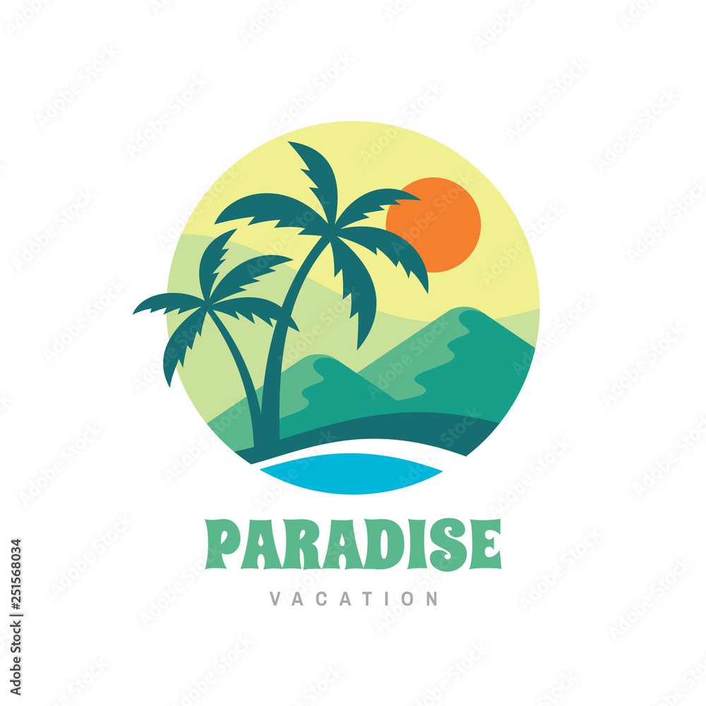Paradise vacation - concept business logo vector illustration in flat style. Tropical summer holiday creative badge. Palms, island, beach, sea wave. Travel webbanner or poster. Graphic t-shirt design.