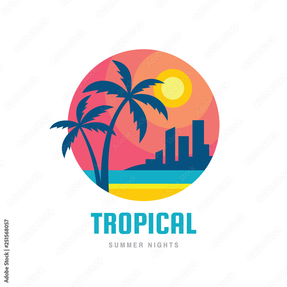 Surfing summer nights - concept business logo vector illustration in flat style. Tropical holiday paradise creative badge. Palms, beach, sunrise, sea wave. Travel webbanner or poster. 