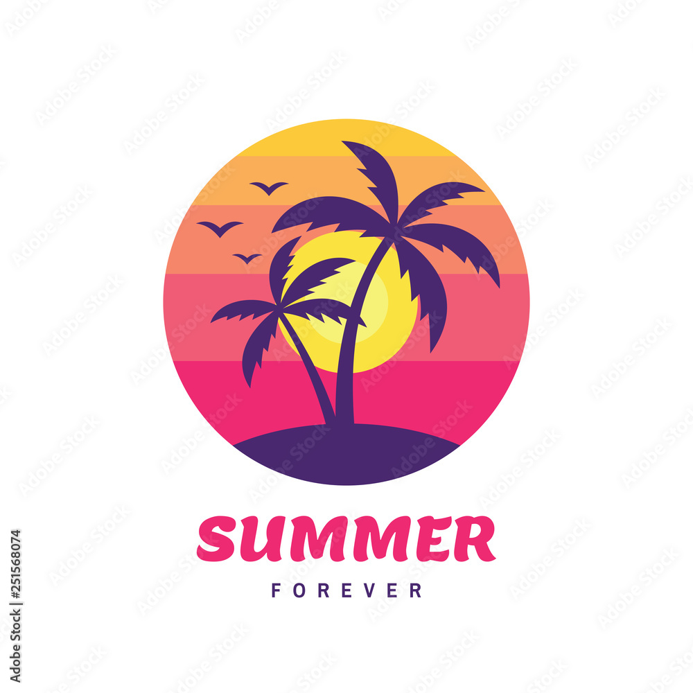 Summer forever - concept business badge vector illustration in flat style. Tropical holiday paradise creative logo. Palms, beach, sunset. Travel web banner or poster. 