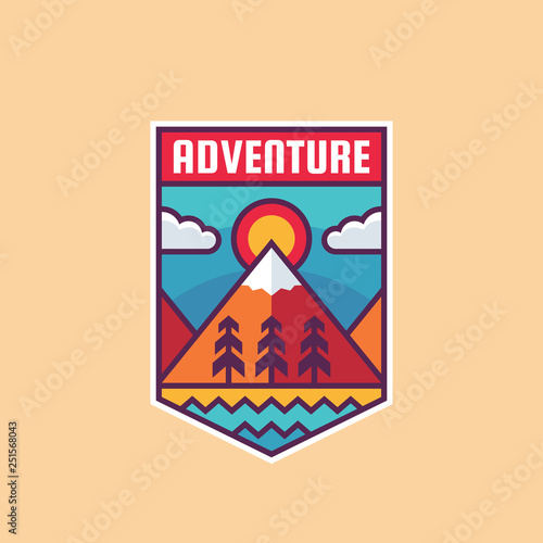 Adventure mountain - concept badge vector illustration. Expedition explorer creative logo in flat style. Discovery outdoor sign. Extreme exploration emblem. Summer camping. Graphic design element. 