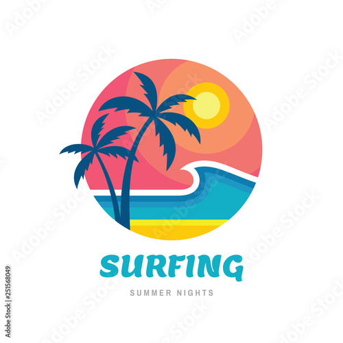 Surfing summer nights - concept business logo vector illustration in flat style. Tropical holiday paradise creative badge. Palms, beach, sunrise, sea wave. Travel webbanner or poster. 