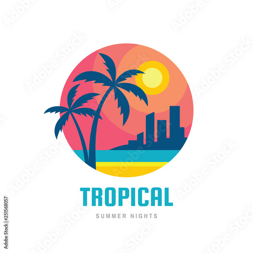 Wallpaper Mural Surfing summer nights - concept business logo vector illustration in flat style. Tropical holiday paradise creative badge. Palms, beach, sunrise, sea wave. Travel webbanner or poster.  Torontodigital.ca