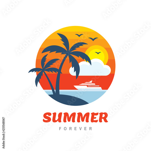 Summer holiday - concept business logo vector illustration in flat style. Tropical paradise creative badge. Palms, island, beach, sunrise, sea wave. Travel webbanner or poster. Graphic design element.