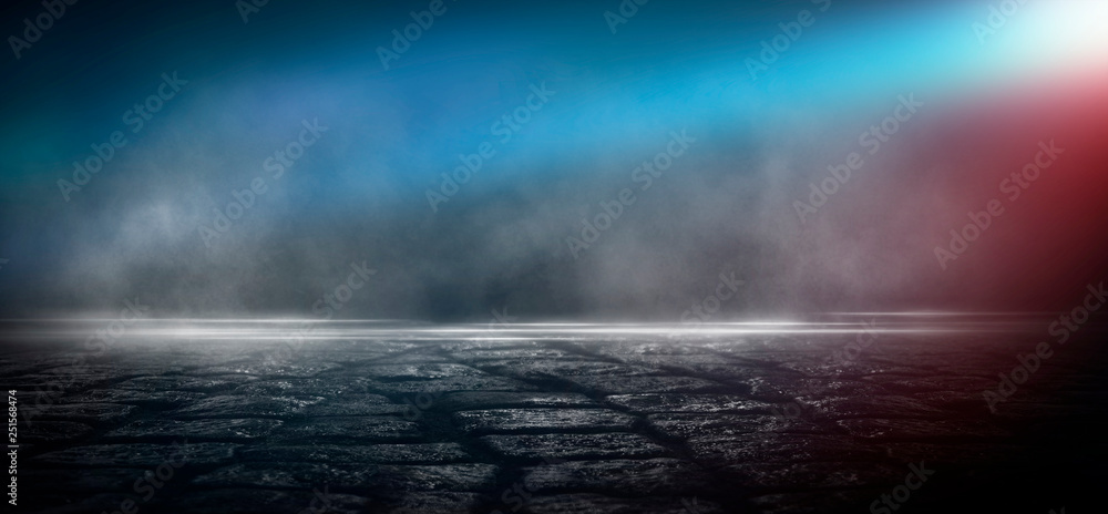 Fototapeta premium Wet asphalt, reflection of neon lights, a searchlight, smoke. Abstract light in a dark empty street with smoke, smog. Dark background scene of empty street, night view, night city.