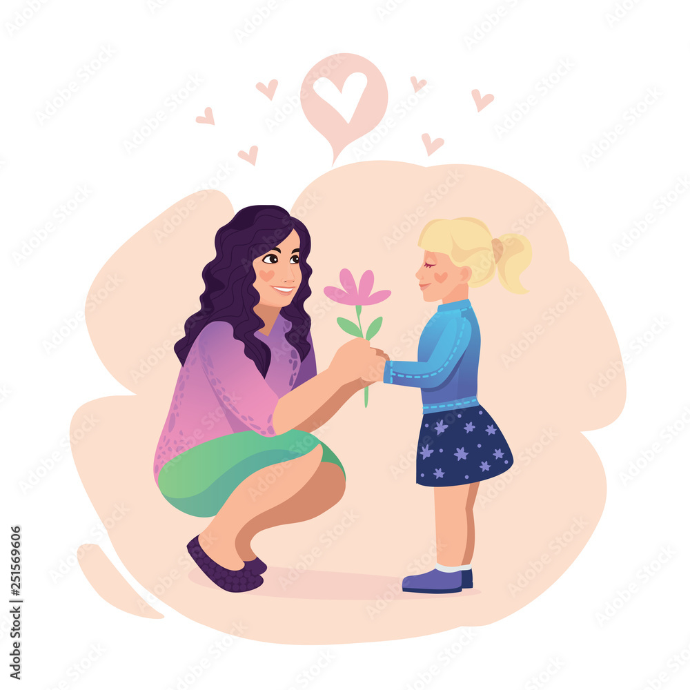 Daughter gives a flower to mom. Vector illustration of a flat design. Daughter gives a flower to mom. Vector illustration of a flat design.