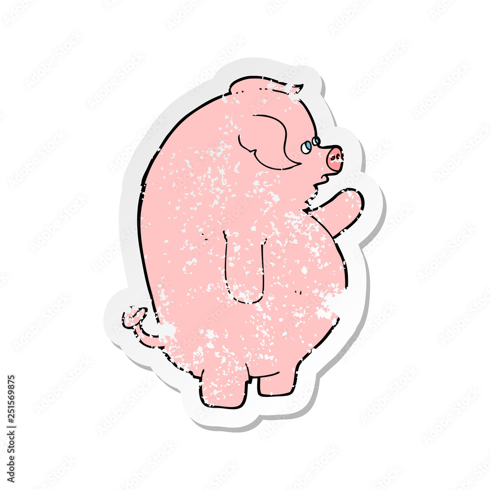 retro distressed sticker of a cartoon fat pig retro distressed sticker of a cartoon fat pig