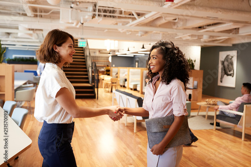 Φωτογραφία Two Businesswomen Meeting And Shaking Hands In Modern Open Plan Office