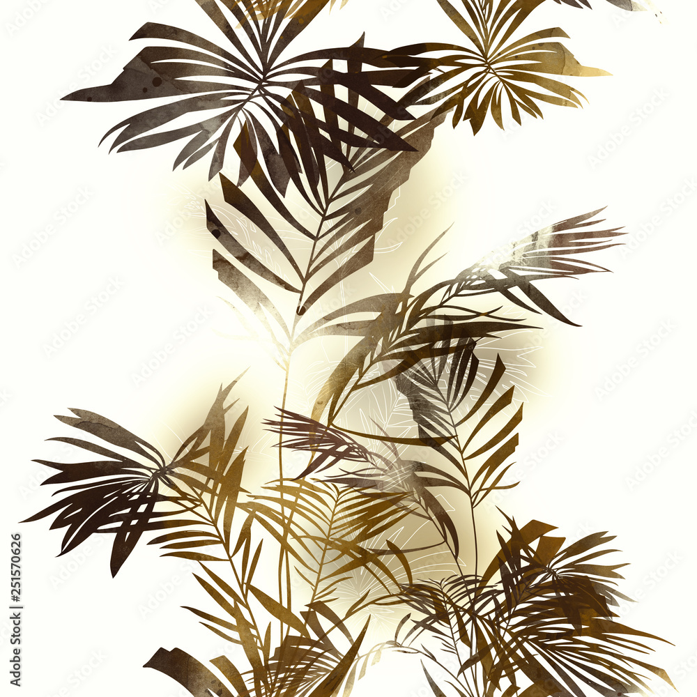 imprints palm leaves mix repeat seamless pattern. digital hand drawn picture with watercolour texture. mixed media