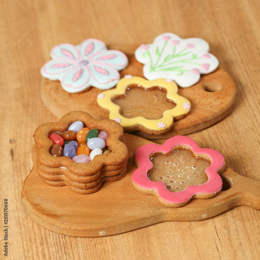 Homemade Ginger Cookies in the shape of Jewelry box on the wooden background. Closeup view. square picture Homemade Ginger Cookies in the shape of Jewelry box on the wooden background. Closeup view. square picture