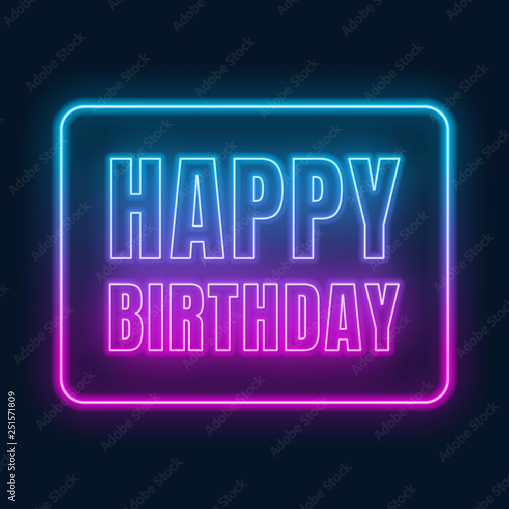 Vettoriale Stock Happy birthday neon sign. Greeting card on dark  background.