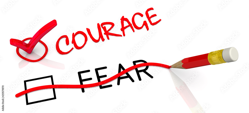 Courage but not fear. The concept of changing the conclusion. The red pencil corrected black word FEAR to red word COURAGE. Isolated. 3D illustration Courage but not fear. The concept of changing the conclusion. The red pencil corrected black word FEAR to red word COURAGE. Isolated. 3D illustration