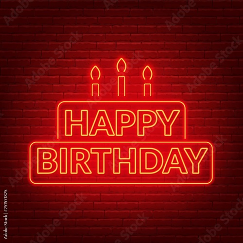 Happy birthday neon sign. Birthday card in the shape of a cake with candles on a dark background.