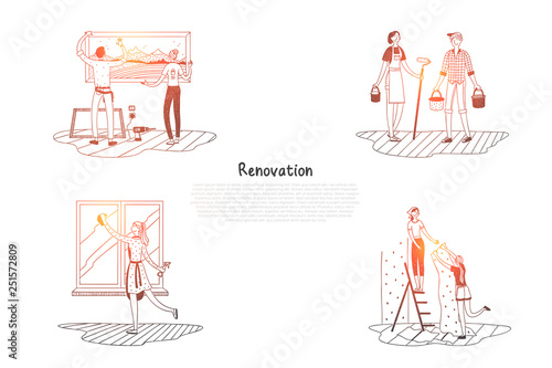 Renovation - people cleaning and decorating their apartments vector concept set