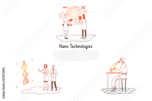 Nano technologies - scientists making research in laboratories vector concept set