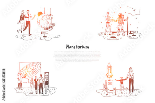 Planetarium - people in planetarium looking at exhibitions and presentations vector concept set