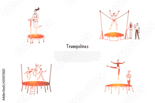 Trampolines - happy people jumping on trampolines vector concept set