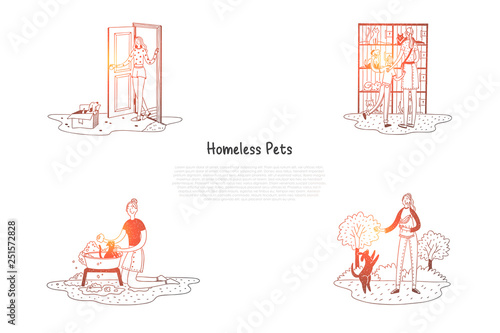 Homeless pets - animals in cages and in boxes on street and people taking care of them vector concept set