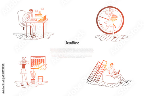 Deadline - frustrated and stressed people thinking about work deadline vector concept set
