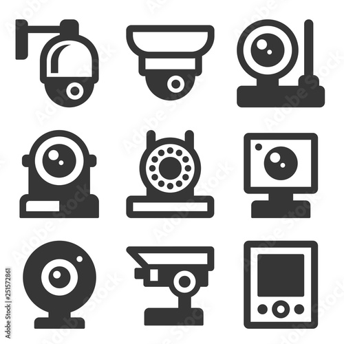 Security Camera Icons Set on White Background. Vector