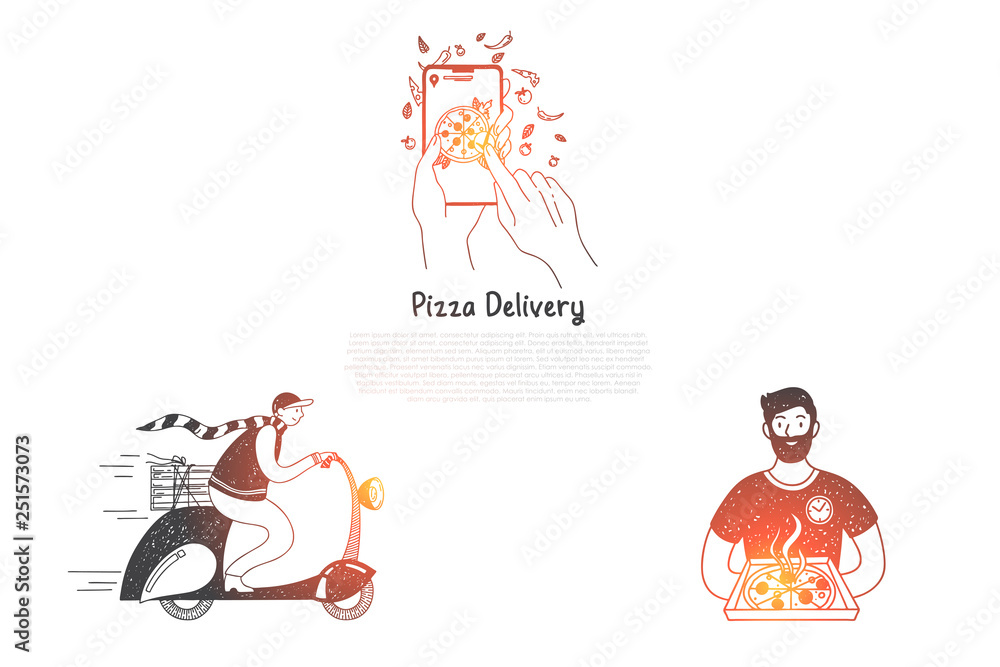 Pizza delivery - ordering pizza from mobile phone, cooking and delivery vector concept set