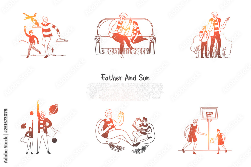 Father and son - father and son reading, eating pizza, playing basketball, learning together vector concept set