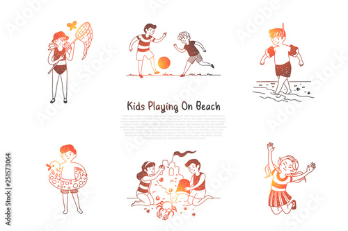 Kids playing on beach - children making figures from sand, catching butterflies, playing with ball, jumping, swimming vector concept set
