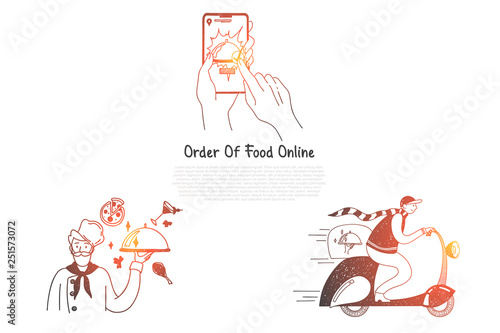Order of food online - ordering food from mobile phone and delivery vector concept set