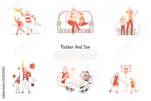 Father and son - father and son reading  eating pizza  playing basketball  learning together vector concept set