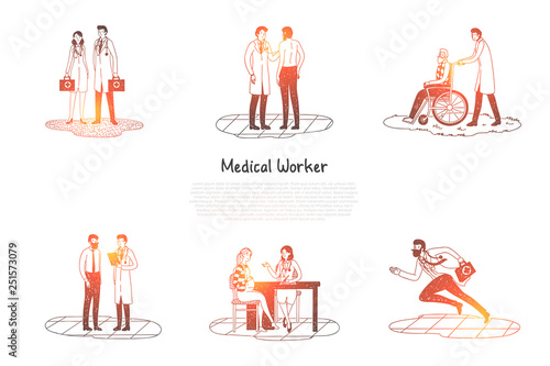 Medical worker - medical workers taking care of patients and hurriyng up to emergency calls vector concept set